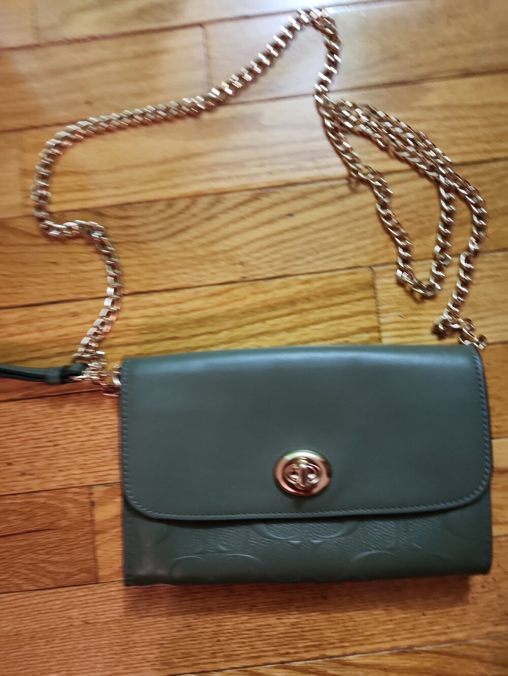 Coach Olive Green Leather Wristlet/ Crossbody Wallet with Gold Chain Strap